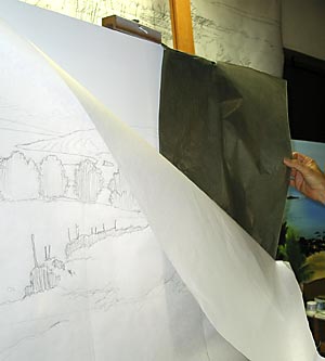 Lifting the scale sketch to show graphite paper underneath