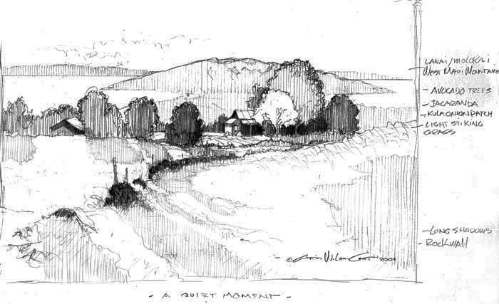 Pencil sketch for A Quiet Moment, with notes in the margin