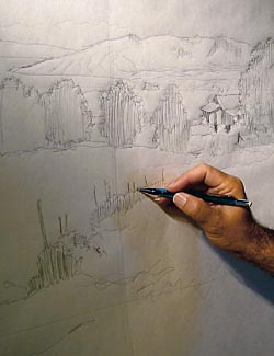 Retracing the sketch lines onto the canvas with a hard pencil