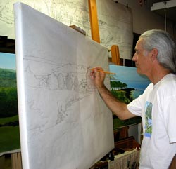 Curtis sketching the composition to scale on paper taped over the canvas