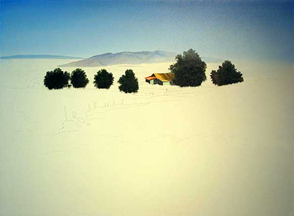 The house and row of trees, with the sky still unpainted