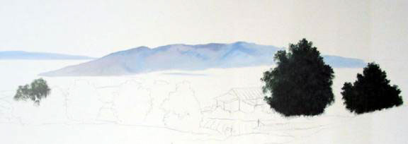 The first paint: the West Maui Mountains, Lanai and two dark trees