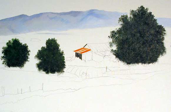 Trees and the house blocked in on the bare canvas
