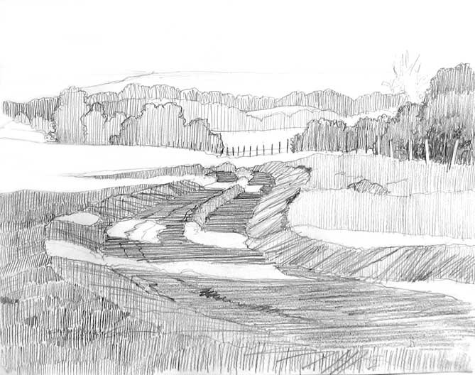 Pencil sketch of the path curving through the pasture towards a line of trees