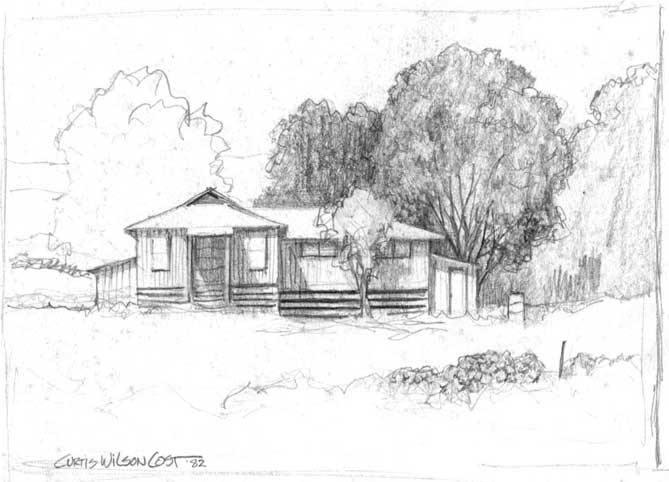 Pencil sketch of a plantation house with a front porch, shaded by tall trees