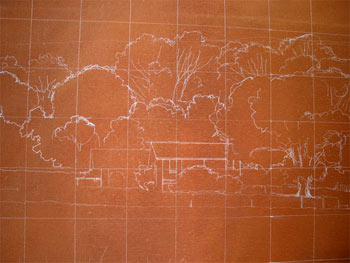 The composition drawn onto the toned canvas in white charcoal