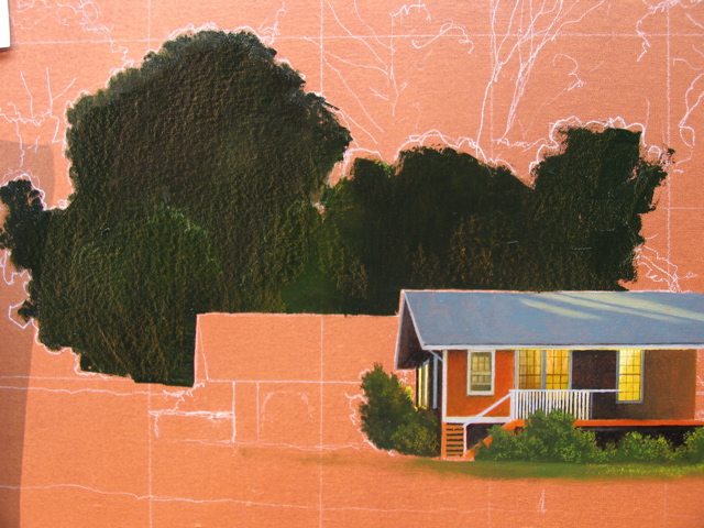 The eucalyptus trees being painted in