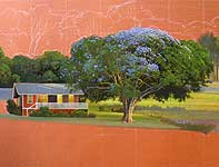 The jacaranda tree being painted, leaves and flowers