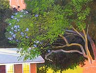 The jacaranda tree being painted, leaves and flowers