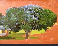 The jacaranda tree being painted, leaves and flowers