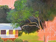 The jacaranda tree being painted, leaves and flowers