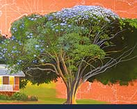 The jacaranda tree being painted, leaves and flowers