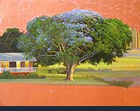 The jacaranda tree being painted, leaves and flowers