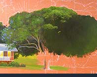The jacaranda tree being painted, leaves and flowers