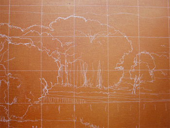 The composition drawn onto the toned canvas in white charcoal