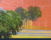 The jacaranda tree being painted, leaves and flowers