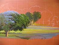 The jacaranda tree being painted, leaves and flowers