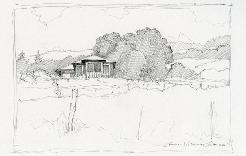 Charcoal sketch of the house on the rise behind a fenced pasture