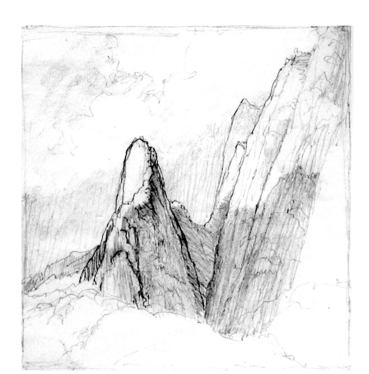 Pencil sketch of the Iao Needle rising beside the steep ridge of the valley wall