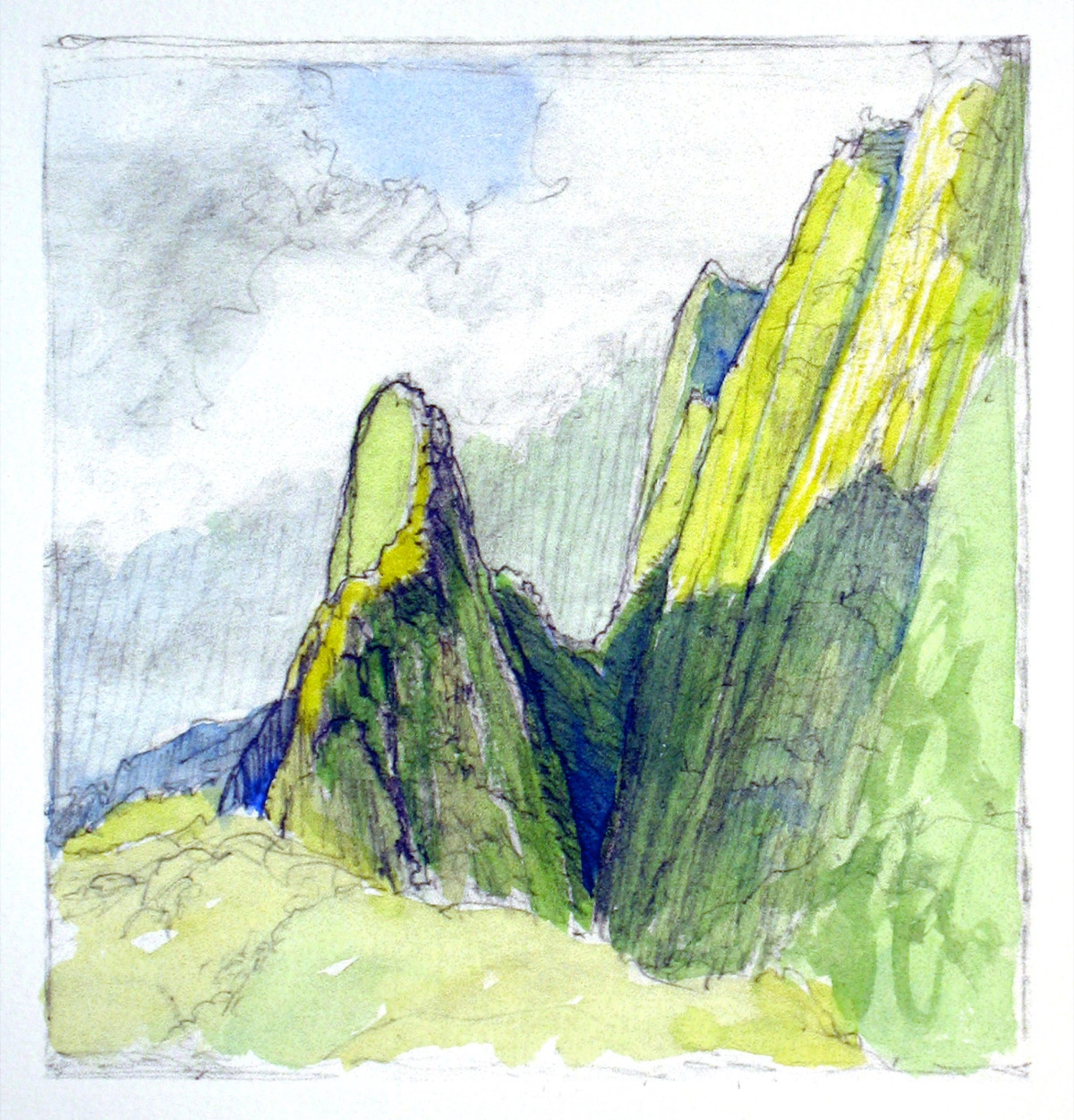 Watercolor and ink sketch of the green Iao Needle beside the sunlit ridge, under a grey and blue sky