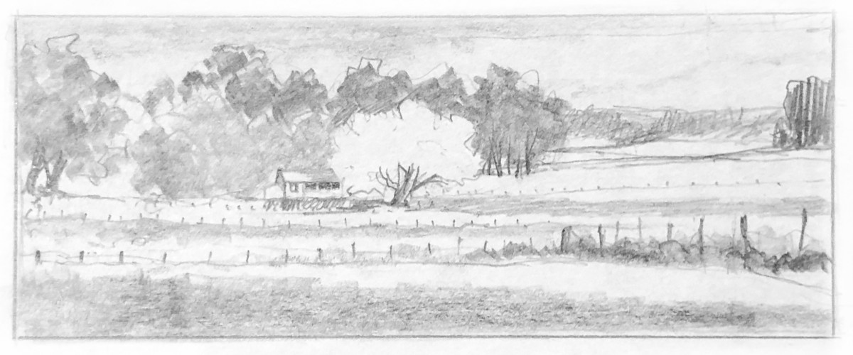 Pencil sketch of the house below the trees, with fence lines across the pasture in front