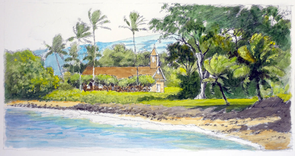 Color sketch of the church and its bell tower among palms, with the blue water and rocky shore in front
