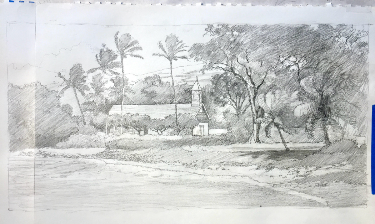 Pencil sketch of the church with its bell tower among palms, behind the curve of the shore