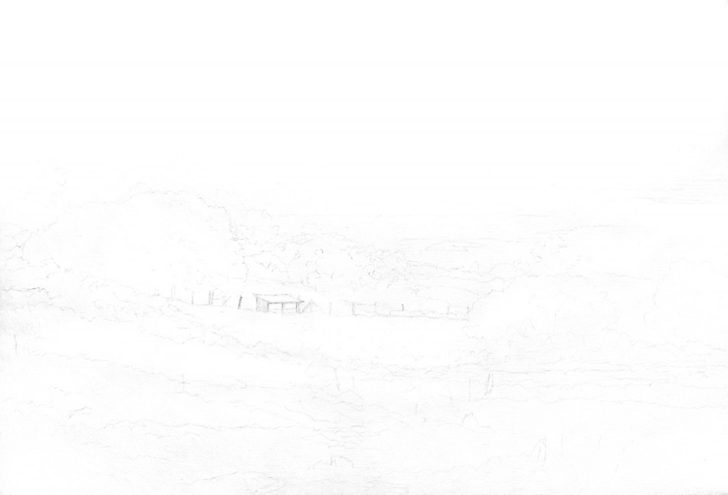 Pencil drawing of Keokea Picnic laid out on the blank canvas