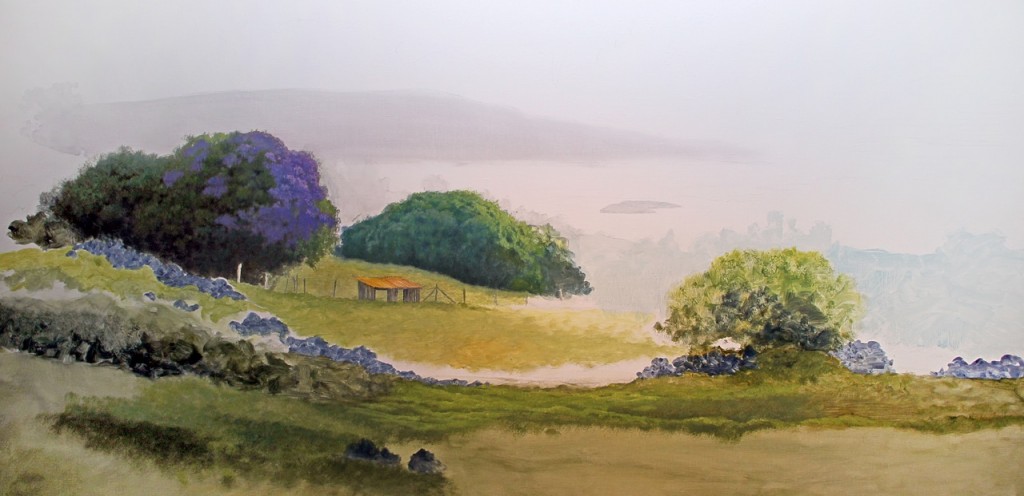 Keokea Picnic with its first layer of paint: jacarandas, the pasture and a distant shed