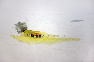 An early stage of Keokea Picnic, with only the shed and a little pasture painted