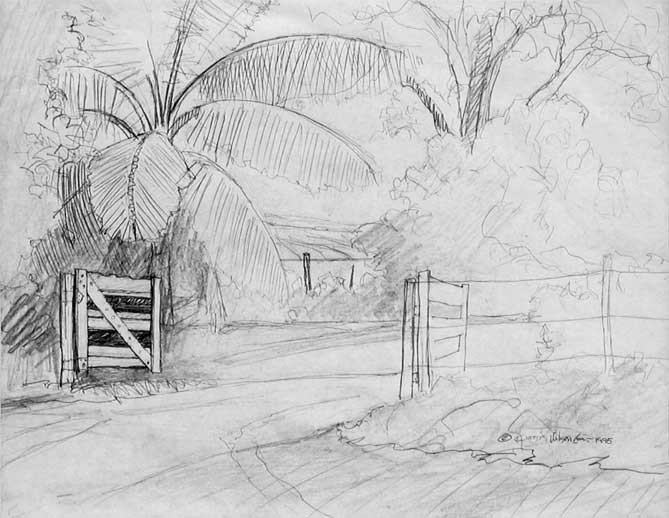 Pencil sketch of a wooden gate and fence on a dirt road under palms