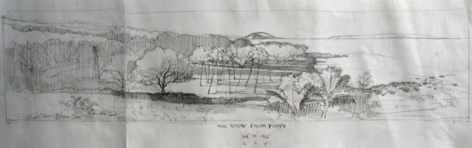 Pencil panorama of the Makena shoreline and its kiawe trees, drawn across joined sheets