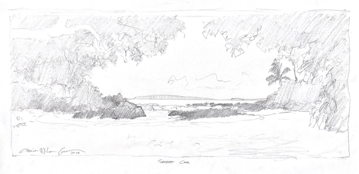 Pencil sketch of Secret Beach, framed by trees, with the sea and a distant island beyond the rocks