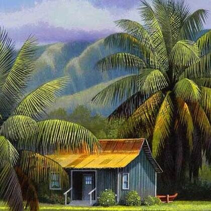Coconut palms over a small house with a rusty roof, from Hula Palms