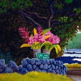 A bucket of anthuriums and ginger on a lava rock wall, from Dollar Per Bunch