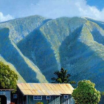 Blue-green ridges of Molokai behind a tin-roofed house, from Molokai Roof Pigeons