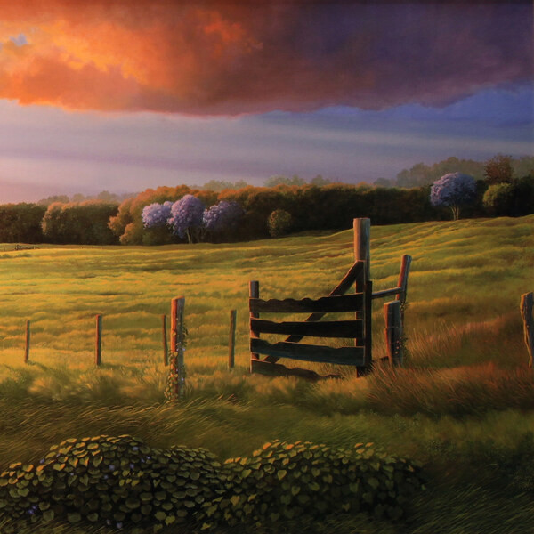 A pasture gate under an orange sunset sky, from Gathering Gold