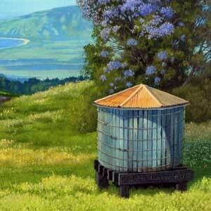 A redwood water tank with a rusty roof under a jacaranda, from Eddie's View