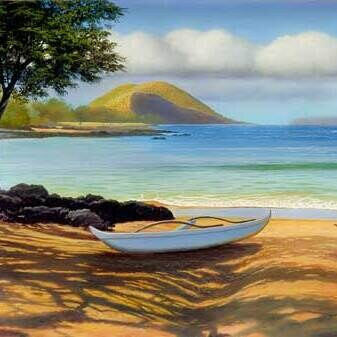 An outrigger canoe on the sand with Pu'u Ola'i behind, from Canoes at the Landing